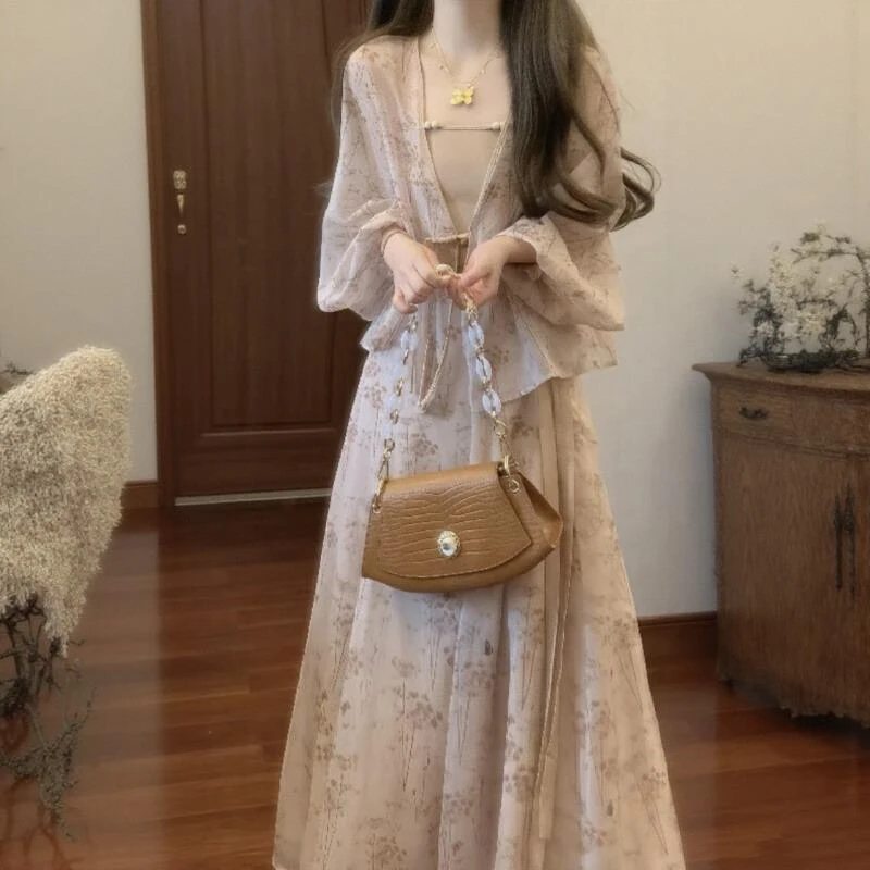 夏季新中式设计感禅意风内搭吊带+半身裙+防晒空调开衫汉元素套装