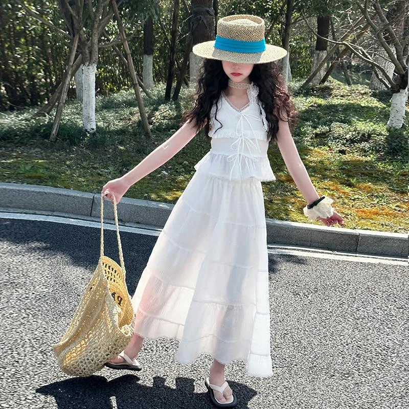 女童裙子2025新款儿童纯白套裙蕾丝无袖上衣半身裙夏装沙滩公主裙