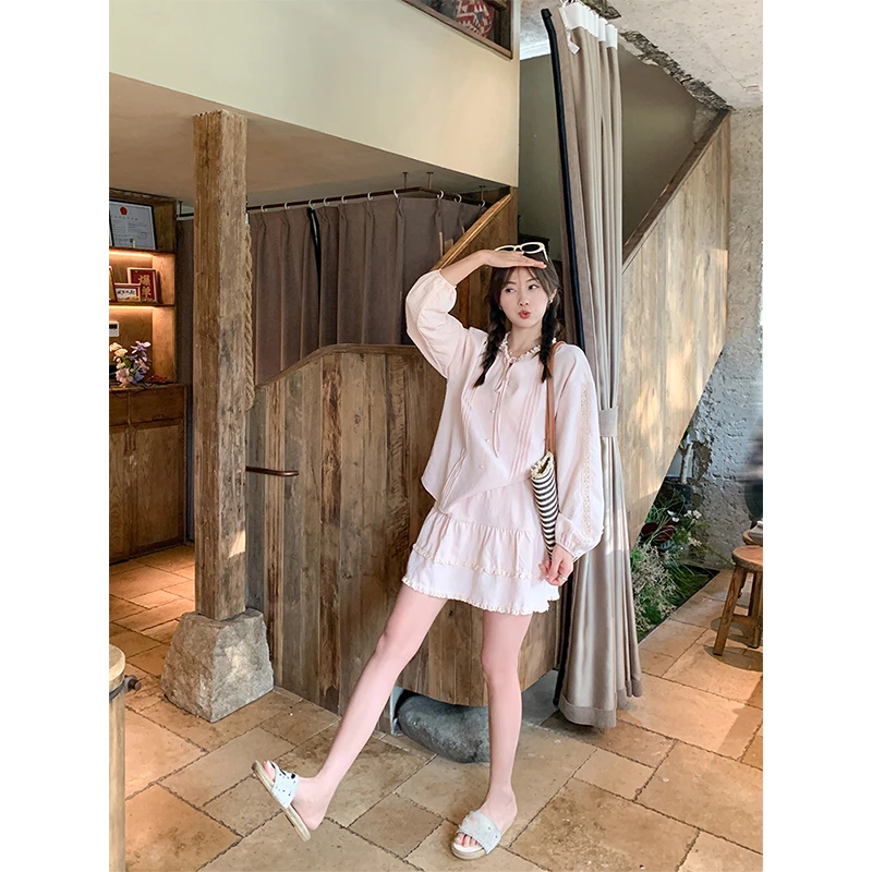 曾小咸 甜美气质粉色系带圆领衬衫上衣服短裙两件套女Z251XY0171