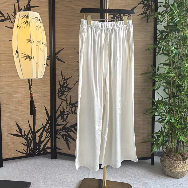 【水波】100桑蚕丝 45姆米缎面提花花萝阔腿裤直筒裤子