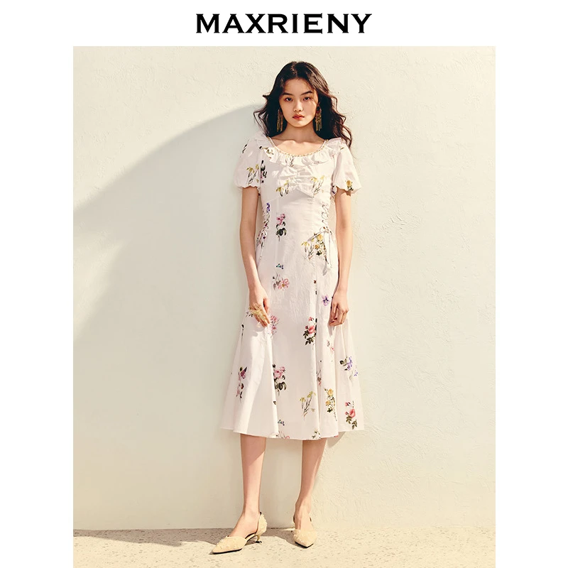 MAXRIENY优雅度假风连衣裙夏伞摆印花长裙收腰绑带设计气质