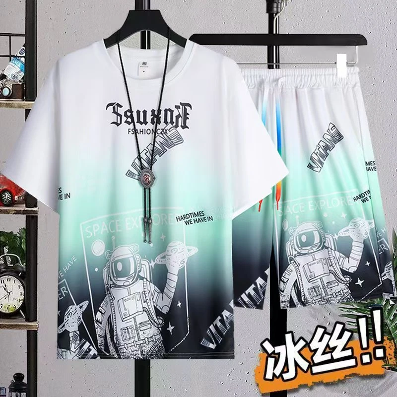 夏季男士冰丝休闲套装潮牌青少年渐变色运动T恤短裤学生帅气1整套