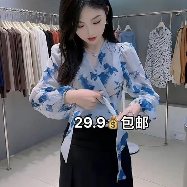 2025春季新款洋气印花系带收腰修身显瘦百搭V领短款灯笼袖雪纺衫