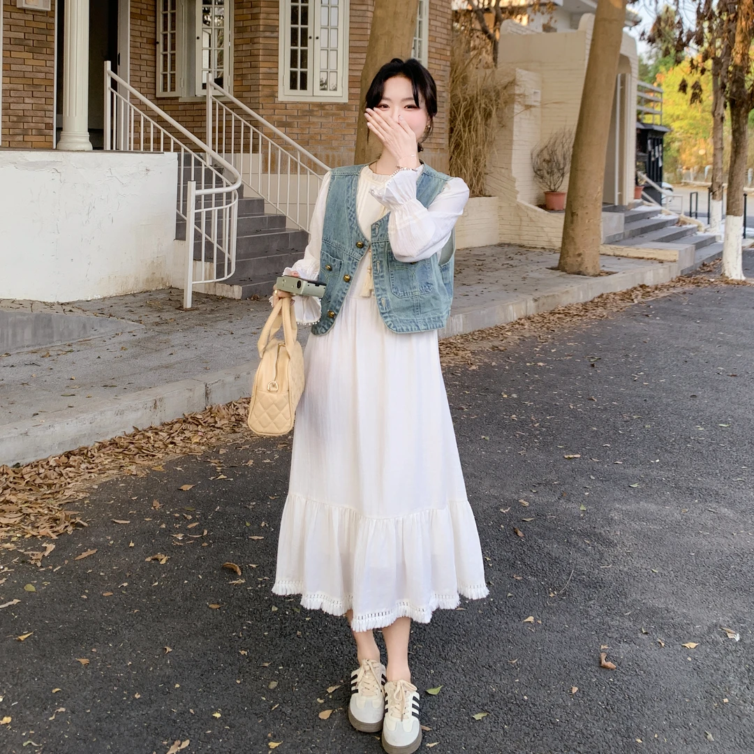 法式牛仔马甲白色连衣裙两件套2025春新款气质高级感流苏显瘦长裙