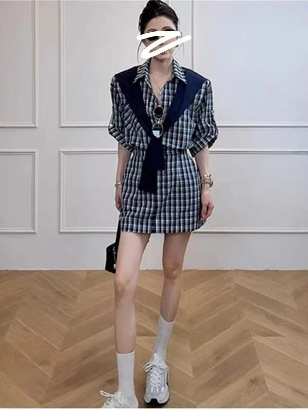 韩版气质撞色拼接披肩收腰显瘦洋气衬衫连衣裙 2025夏季