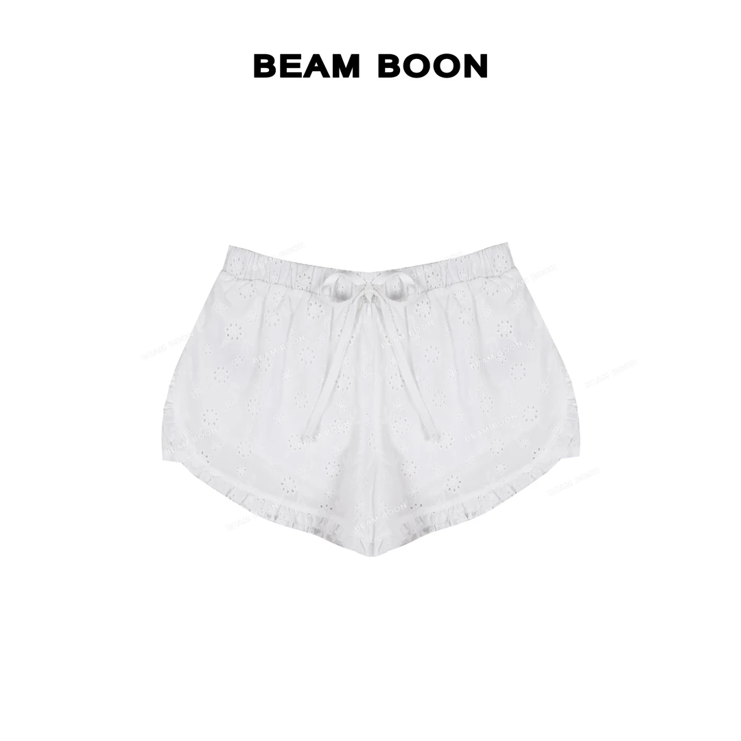 Beam Boon |【香香少女】eg*镂空花边高密精梳棉松紧腰宽松抽绳短裤