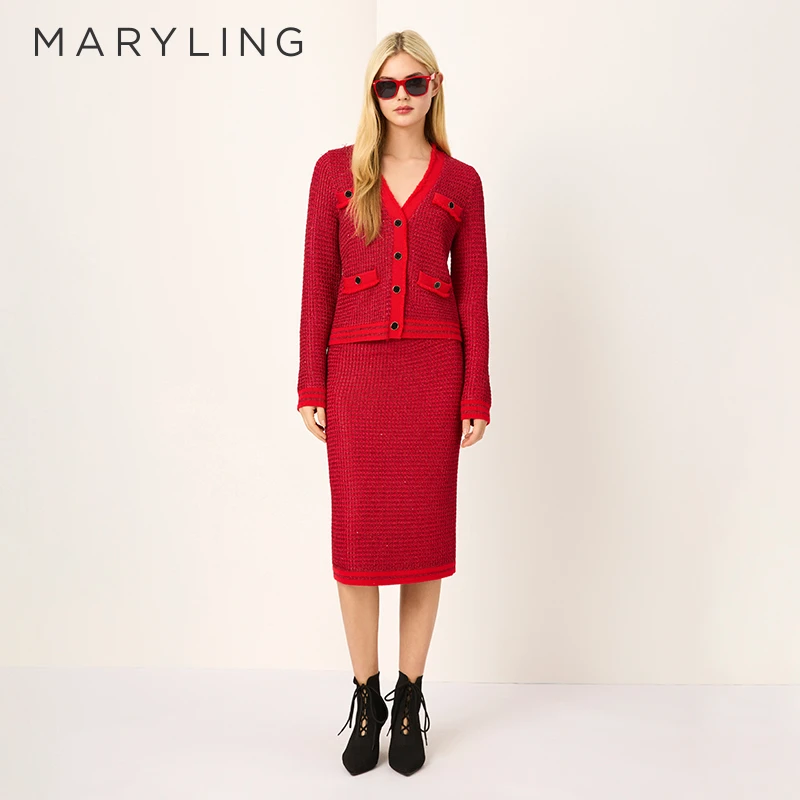MARYLING玛俪琳2025初春新品复古优雅嫣红色针织半裙A1FAW05020