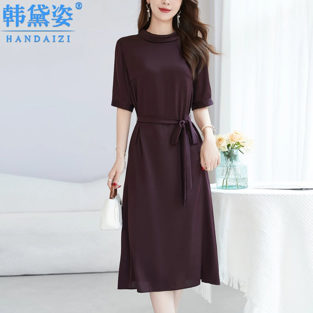 时尚高级感减龄重磅真丝连衣裙夏中长款2025夏新款桑蚕丝短袖裙子