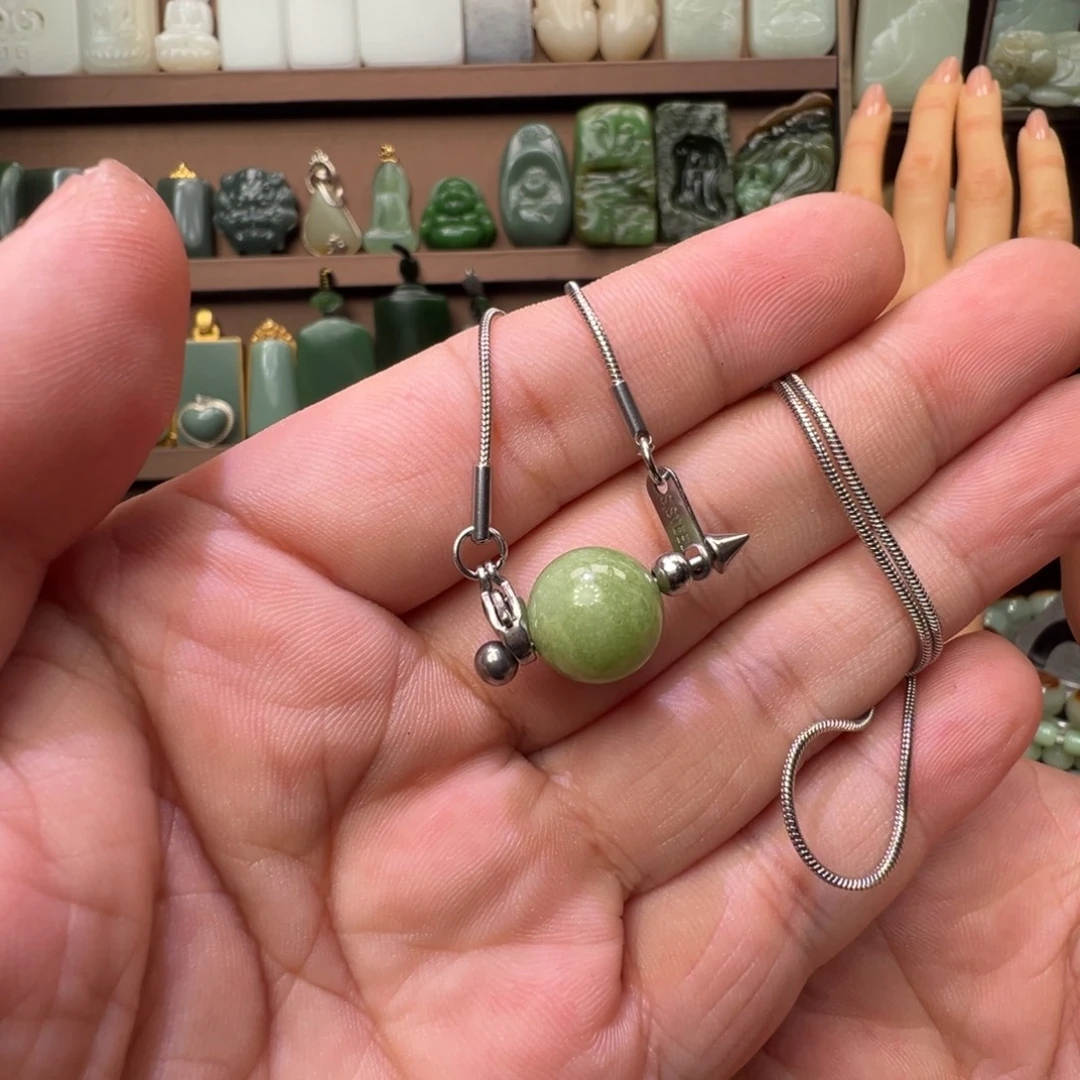 和田玉（翠青玉）合金颈饰12mm翠青暴风雪单珠锁骨链福利6