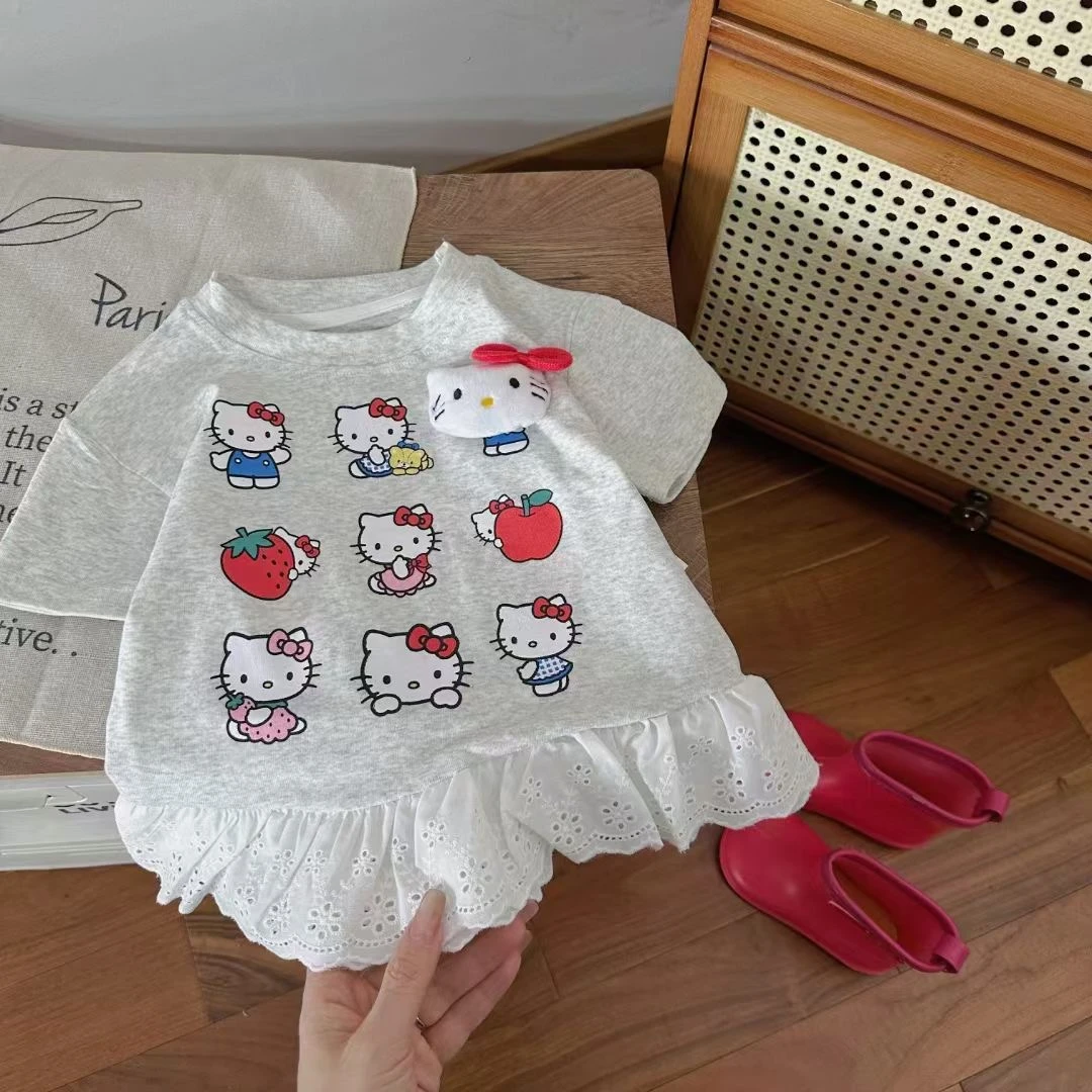 女宝夏季花边Kitty猫上衣新款短袖公主百搭洋气