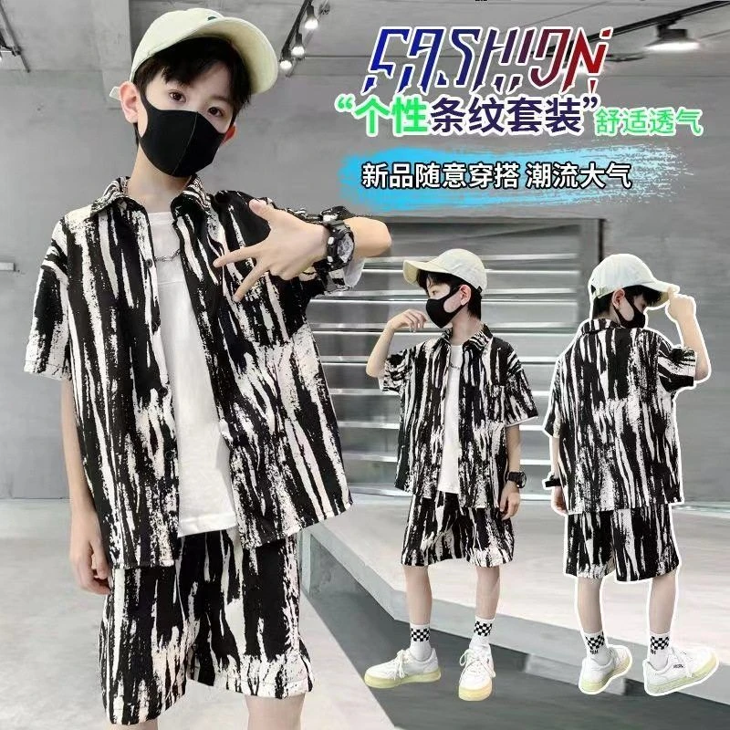 男童夏季套装新款港风衬衫套装中大童洋气碎花休闲花衬衣童装度假
