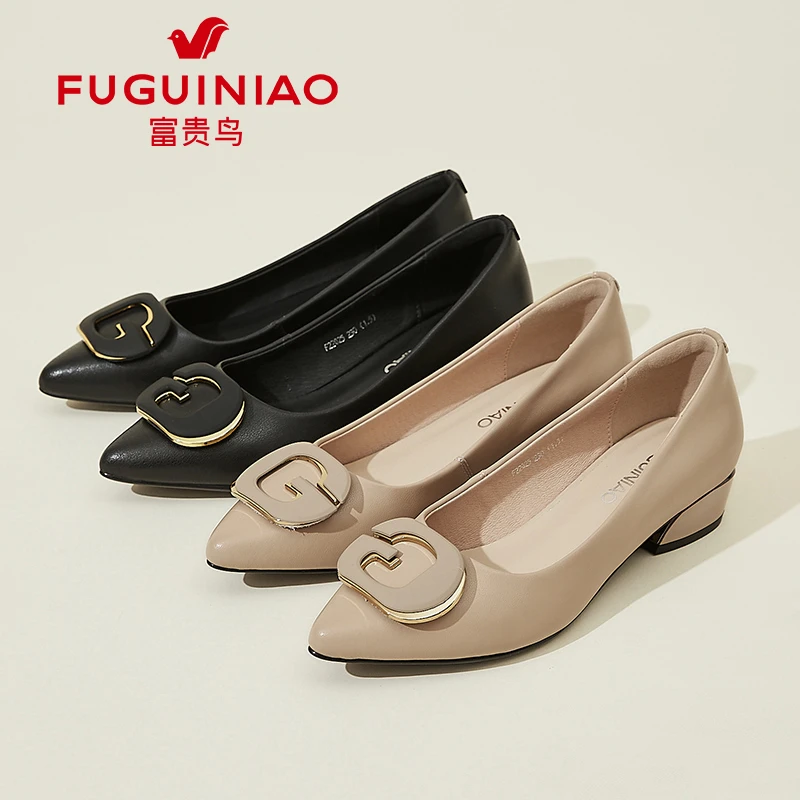 富贵鸟尖头浅口单鞋女2025新款低跟不累脚气质温柔妈妈鞋真皮小跟