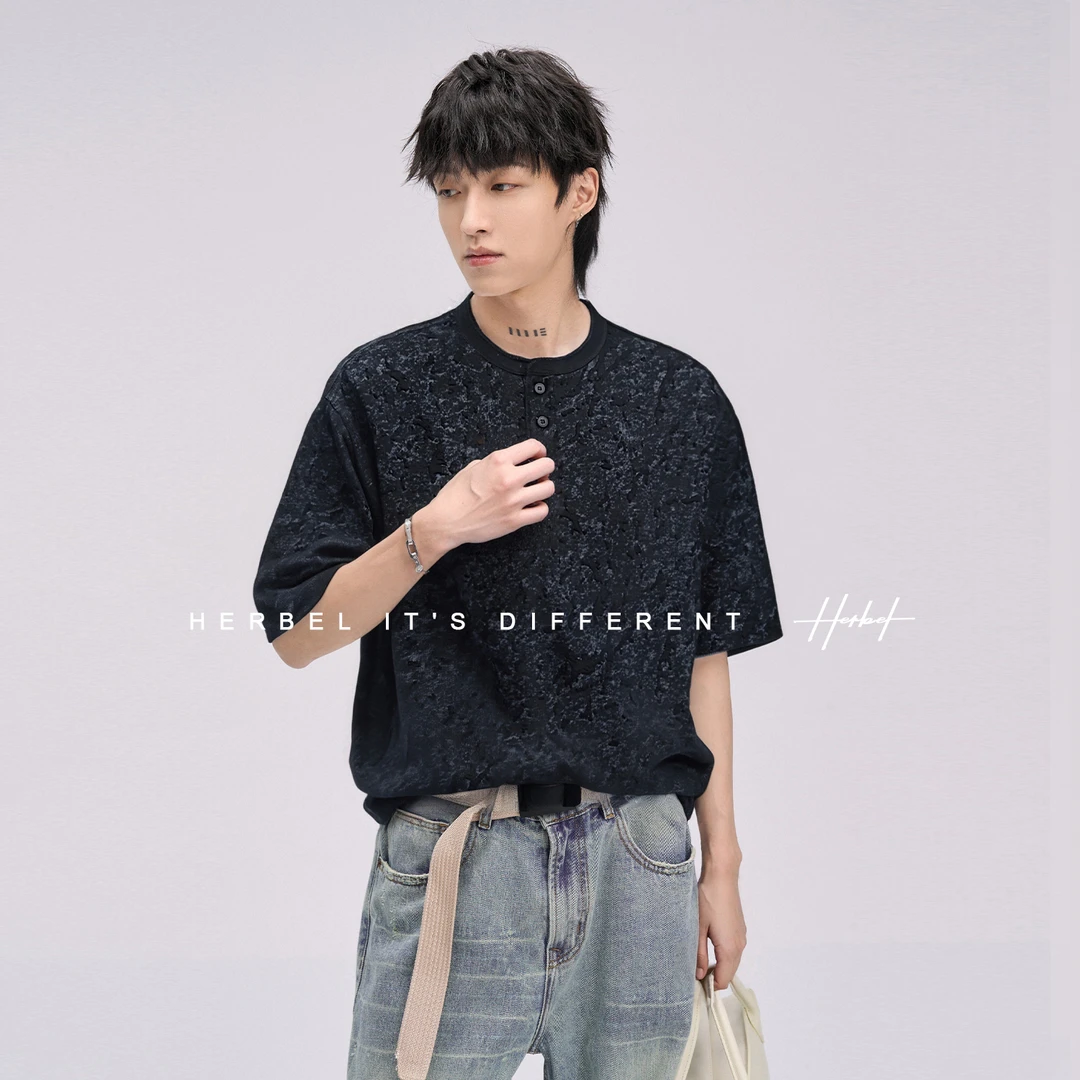HERBEL/黑白夏季亨利领短袖夏季宽松T恤男士潮流短袖宽松百搭上衣