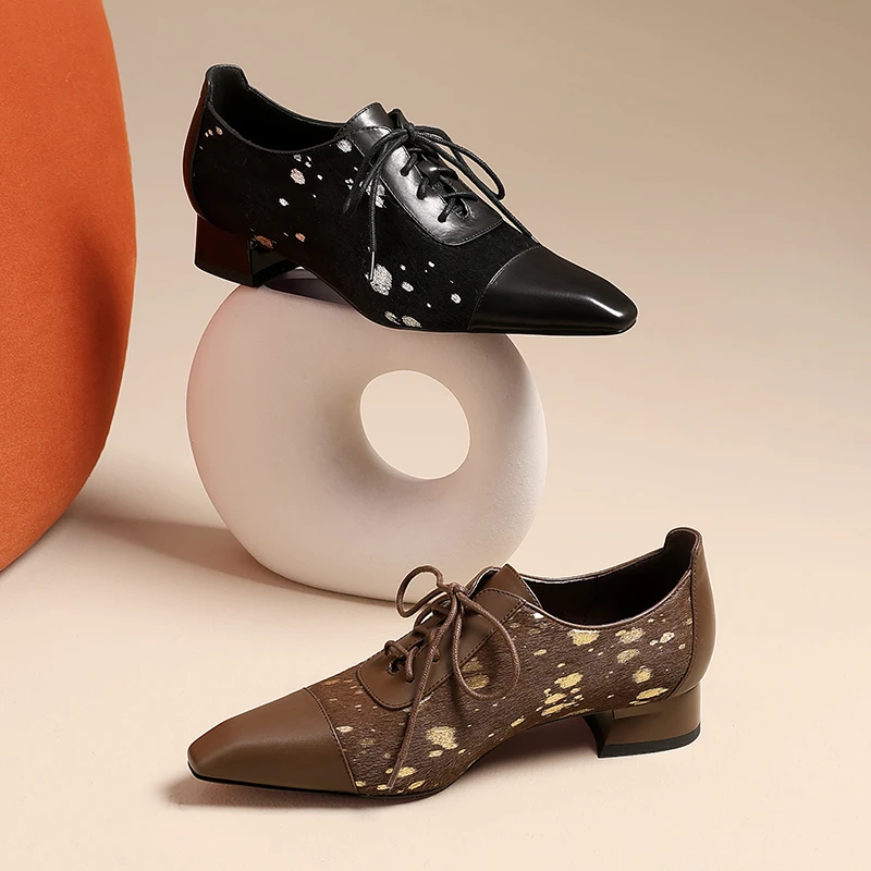 AMEINOR2025春季新款真皮时尚波点舒适百搭系带女士深口低跟单鞋