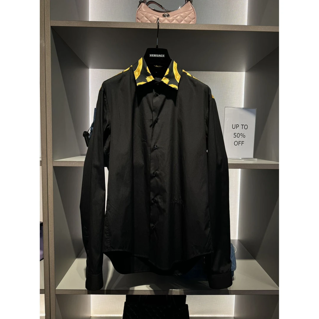 未使用 VERSACE/范思哲 男士新款黑色金领巴洛克印花长袖衬衫