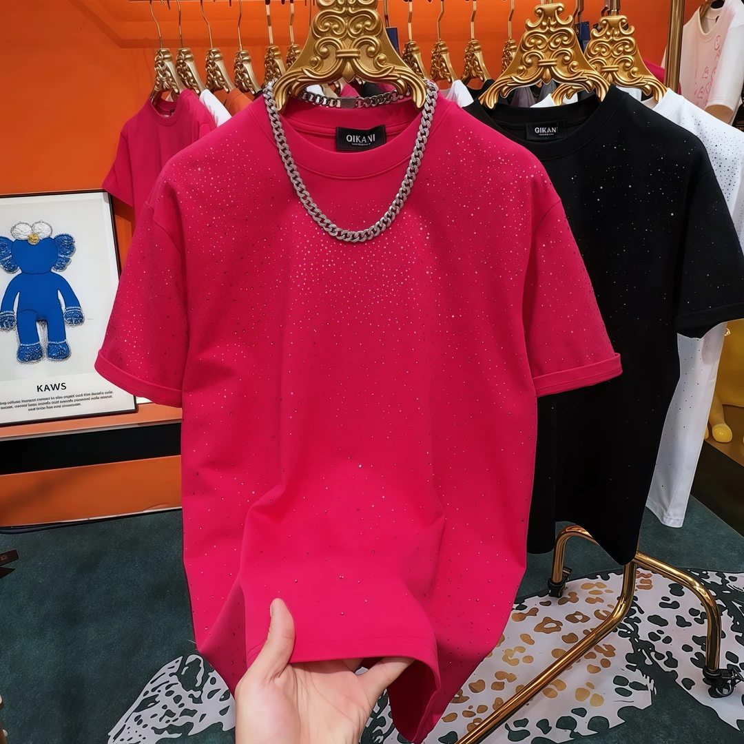 秋冬新款时尚百搭烫钻满天星短袖T恤男士潮流轻奢微阔半袖