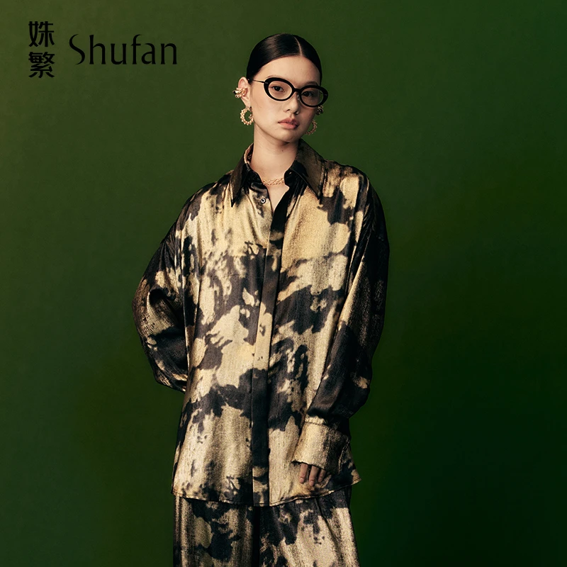 姝繁墨上花开黑金色优雅气质百搭显瘦宽松衬衫品质女装SLWFR1C671