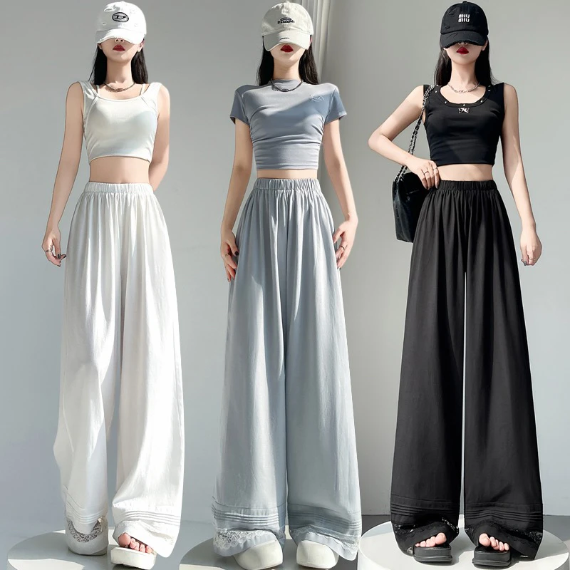 2025春夏宅女同款蕾丝花边叠穿阔腿裤休闲公主裤白色棉麻裤女