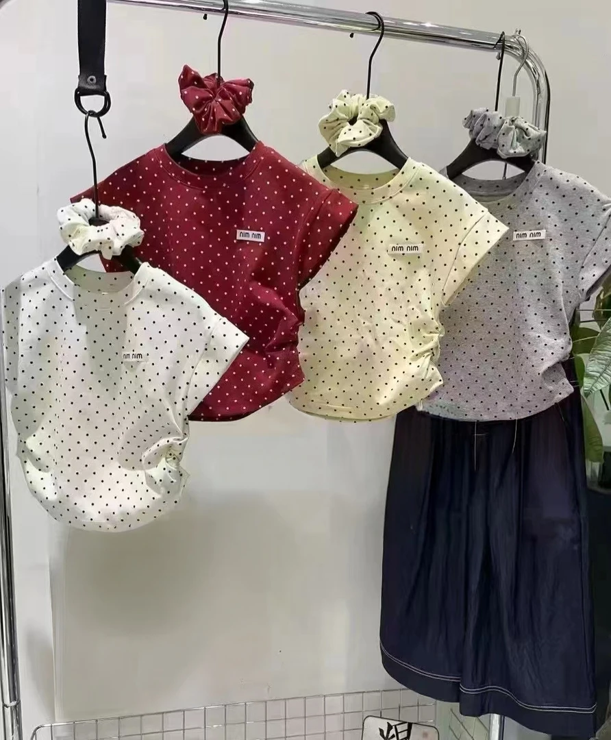 【亲子款】韩版波点女童新款短袖2025夏季T恤儿童洋气潮童短款上衣