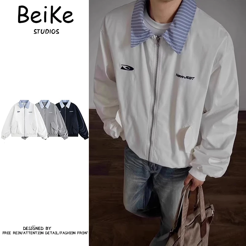 美式复古条纹翻领工装夹克男女秋宽松百搭长袖衬衫外套休闲棒球服