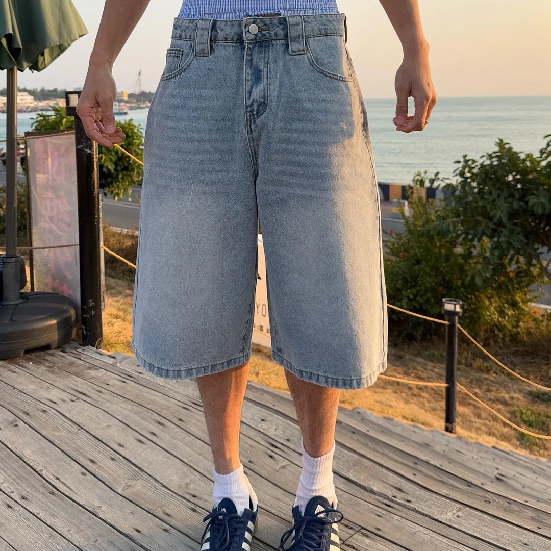 【街头日记】Bloom Studio宽松牛仔假两件腰头短裤直筒休闲七分裤