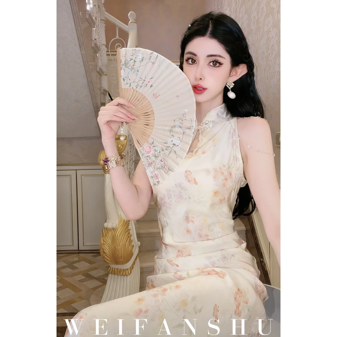 WEIFANSHU/魏凡舒【白茶梦吟】夏季新款新中式露肩优雅旗袍连衣裙