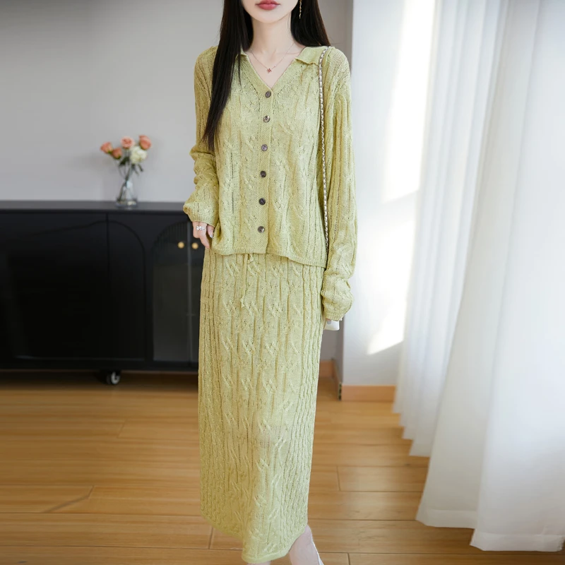 S·Y·C【柔缕凝翠】流行时尚新款镂空套装V领长袖半身裙