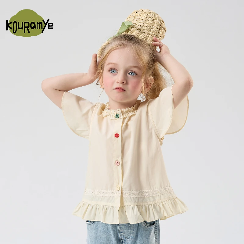 酷娃米2025年夏季新款中小女童百搭彩扣花边衬衫20812