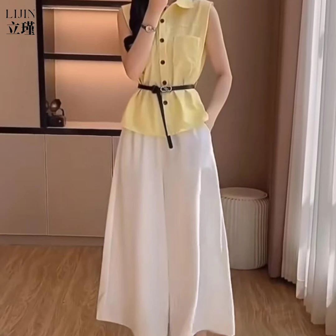 无袖衬衫+垂感阔腿裤套装女2025夏季新款时尚减龄上衣裤子两件套