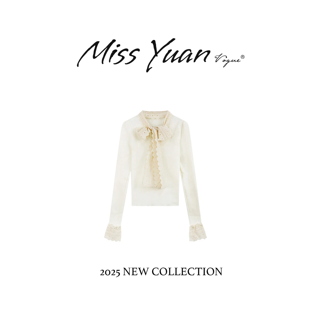 小香风蕾丝花边蝴蝶结针织衫女秋冬季修身毛衣内搭打底上衣7705