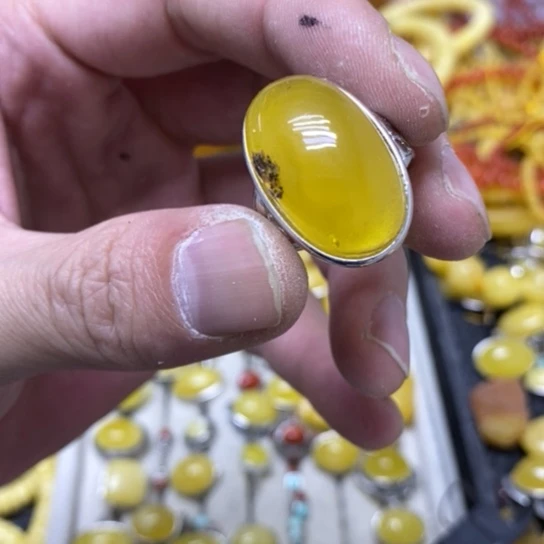 蜜蜡裸石银S925镶嵌戒指