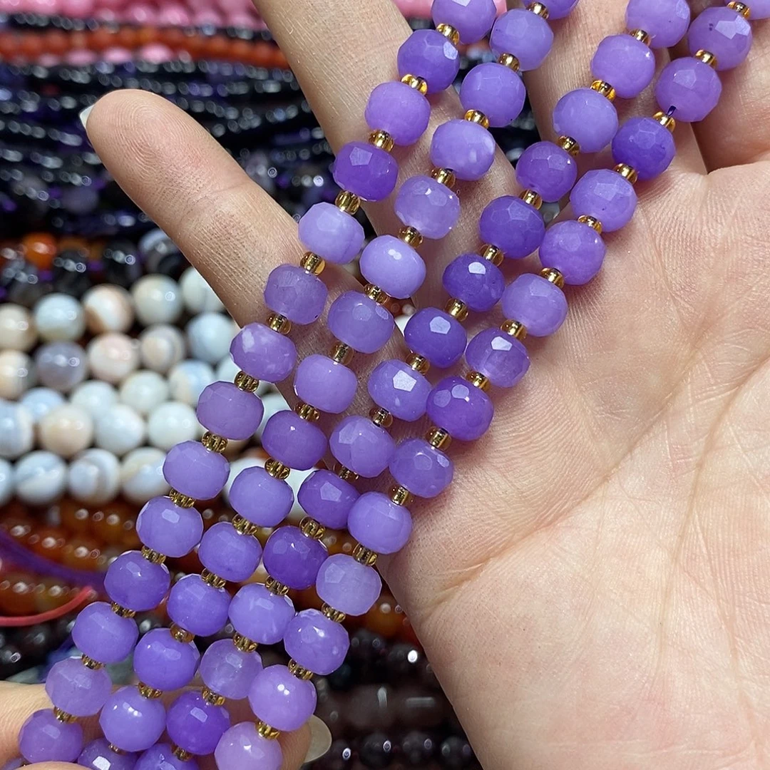 玛瑙/玉髓未镶嵌珠宝半成品紫玉切面车轮一条卡8mm