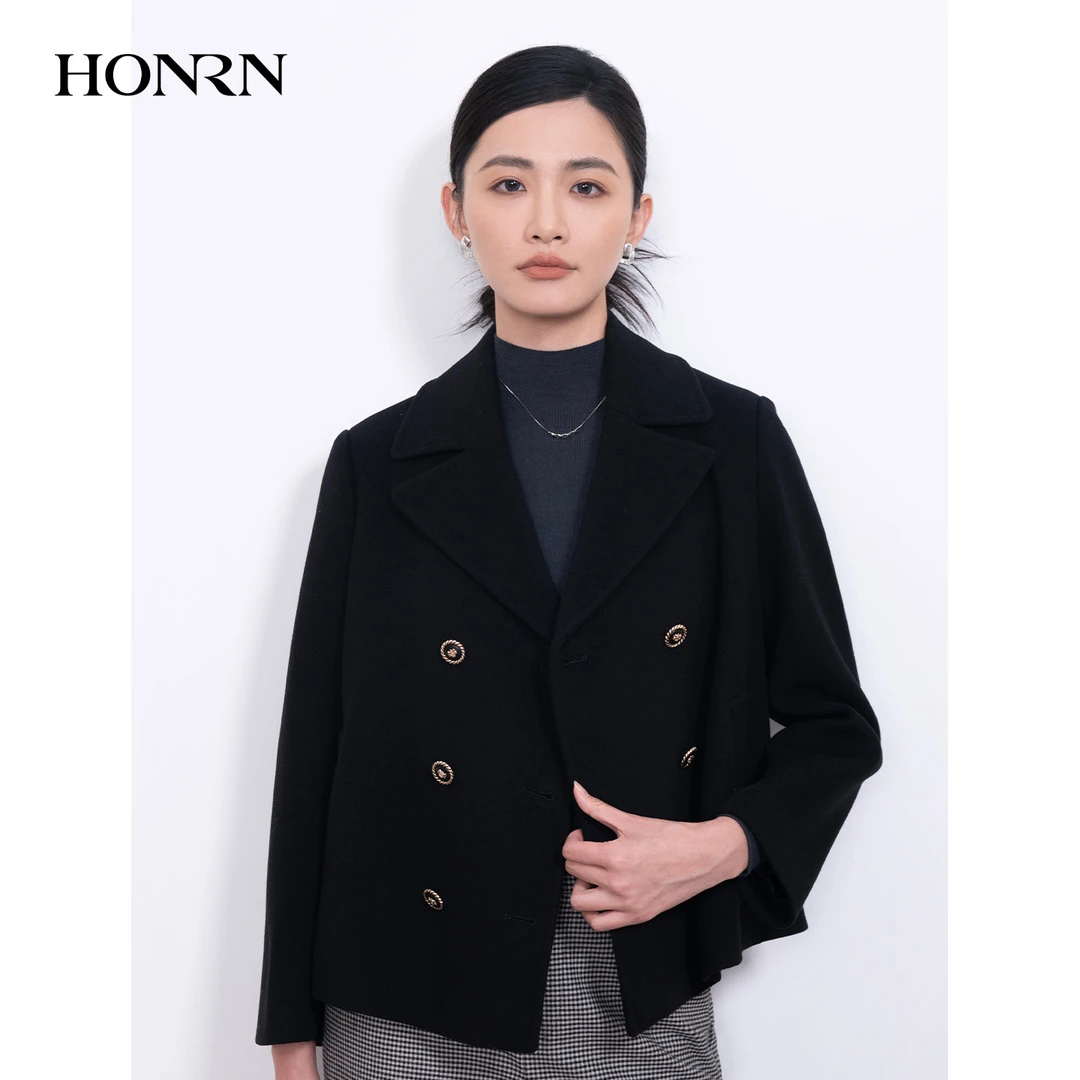 HONRN/红人短款双排扣山羊绒羊毛呢子大衣外套女秋冬HI55OD084