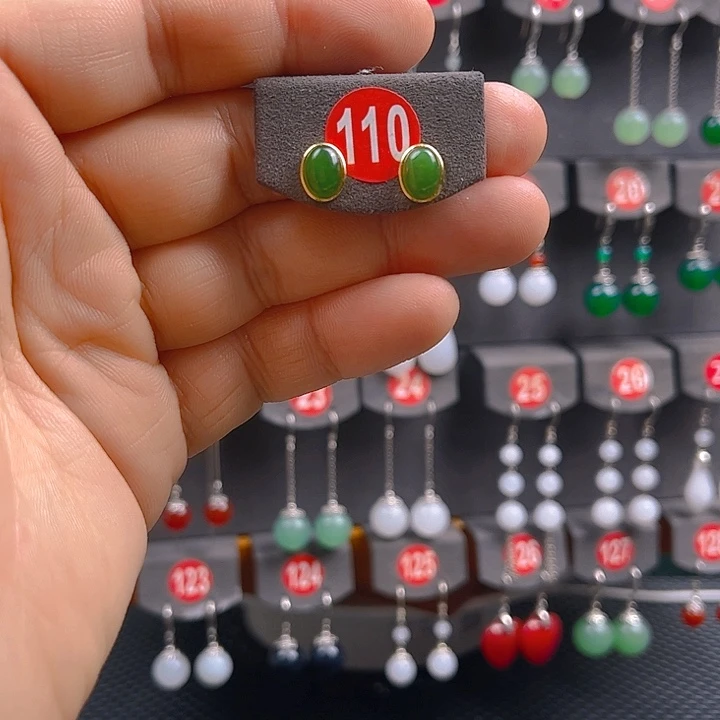 和田玉耳钉银S925镶嵌