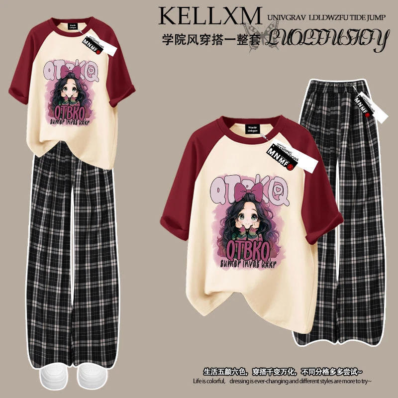 女童套装纯棉插肩短袖T恤格子裤新款趣味卡通卷毛小女孩印花夏季