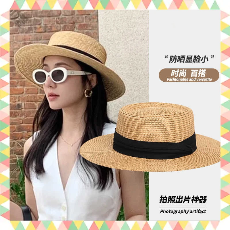 包邮ins法式绸带平顶韩版草帽子女款夏季遮阳大头围新款百搭显脸