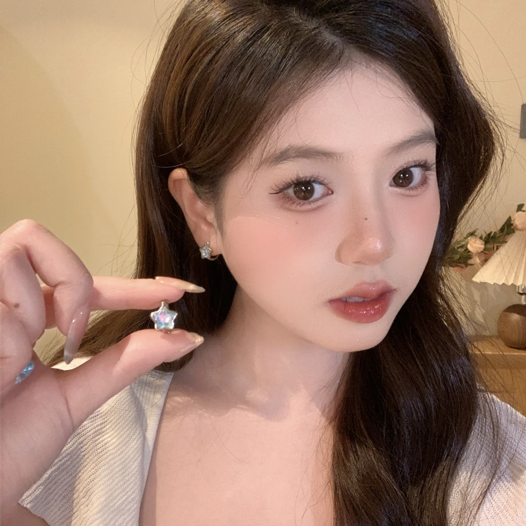 蓝色海盐星星耳扣简约璀璨五角星甜美幻彩耳饰D-06