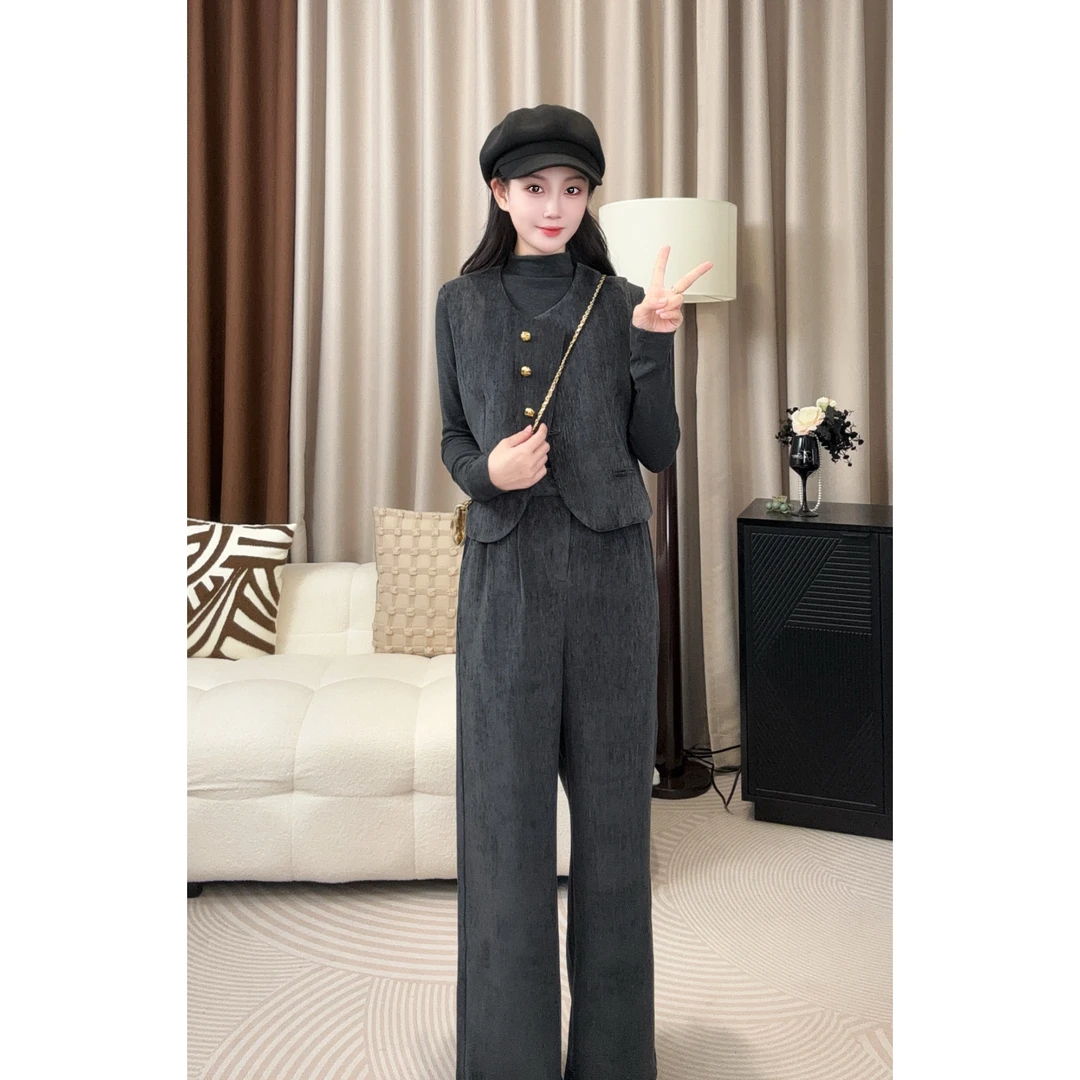 X'XIAO 灰色法式时尚马甲套装2025新款设计感宽松休闲三件套8801