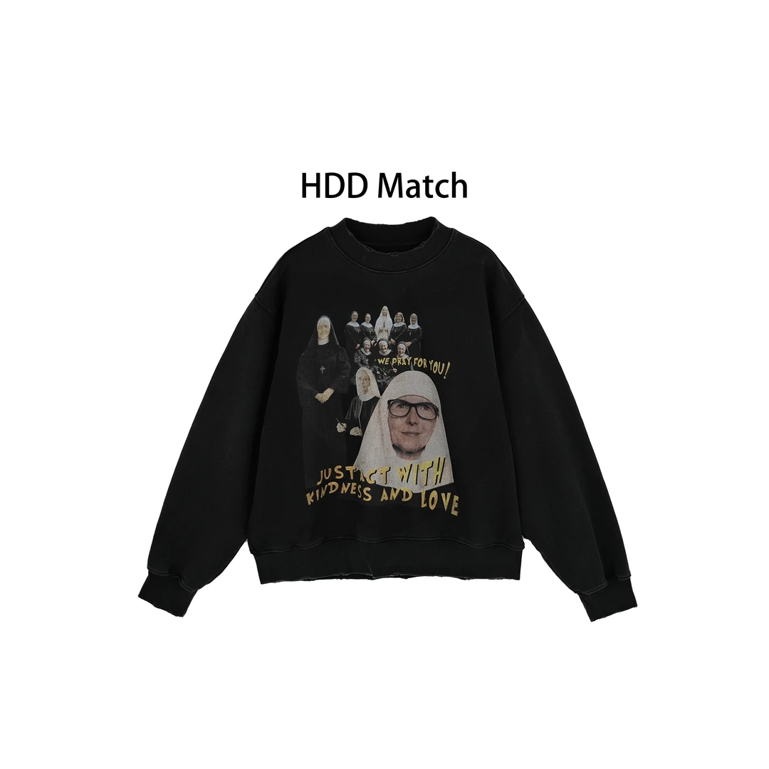 HDD- "修女卫衣" 女款做旧复古水洗印花宽松卫衣上衣 Y9906