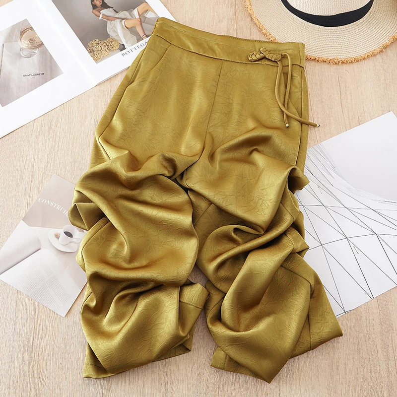 今年流行的阔腿裤女2025夏季冰丝凉凉直筒裤新中式盘扣印花垂感裤