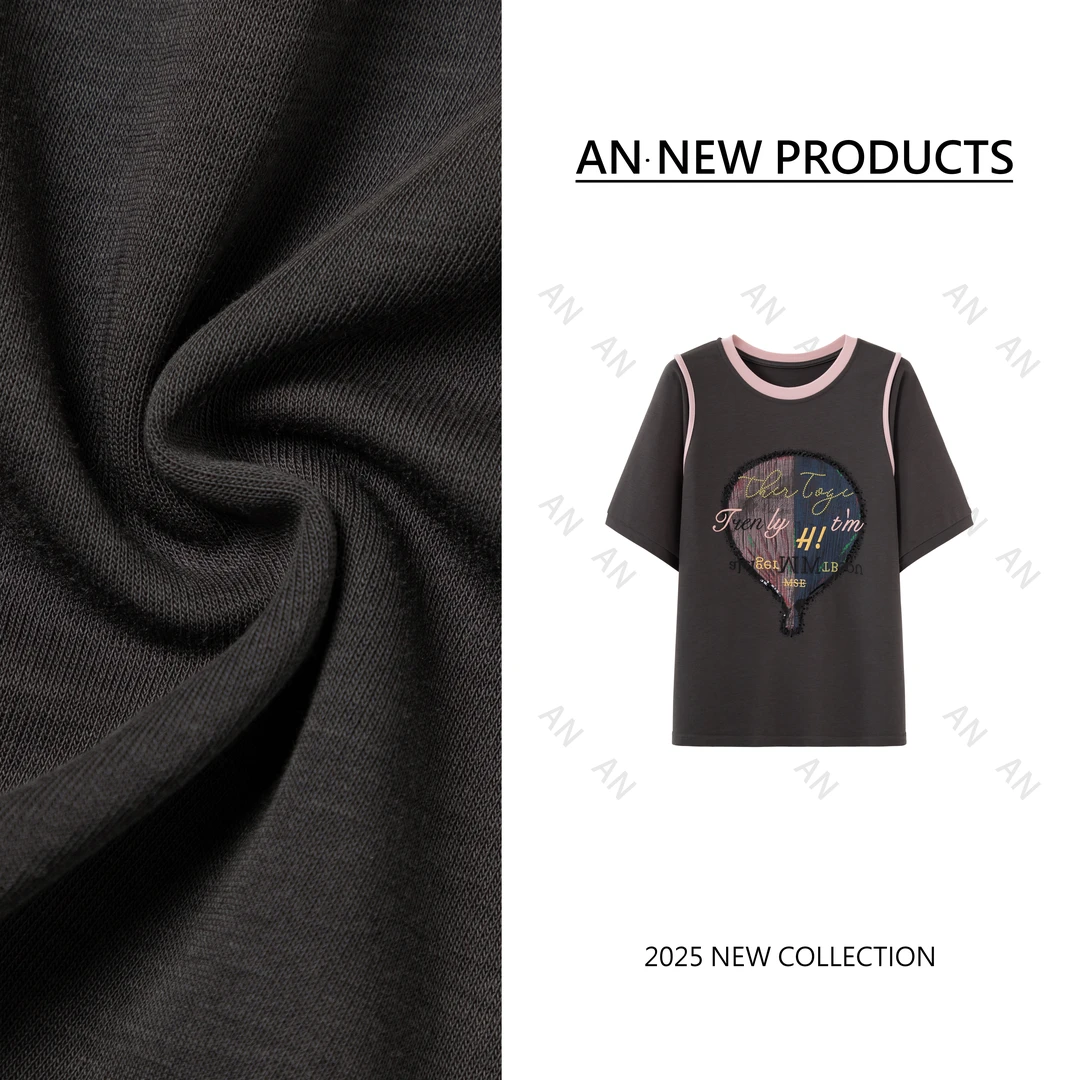 B5086夏季律动莫兰迪宽松气球刺绣字母T恤