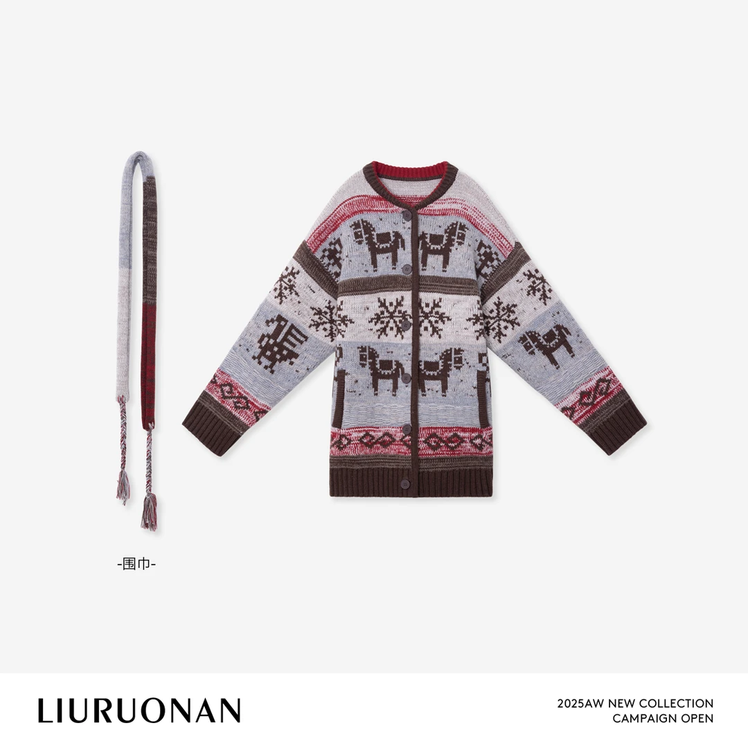 LIURUONAN 25WIN【草原小马】复古提花撞色圆领长袖针织毛衣/配围巾
