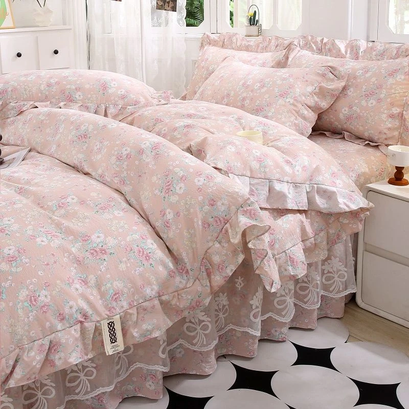 A类双层纱提花四件套高档100%纯水洗棉床裙单件柔软防滑女三件套
