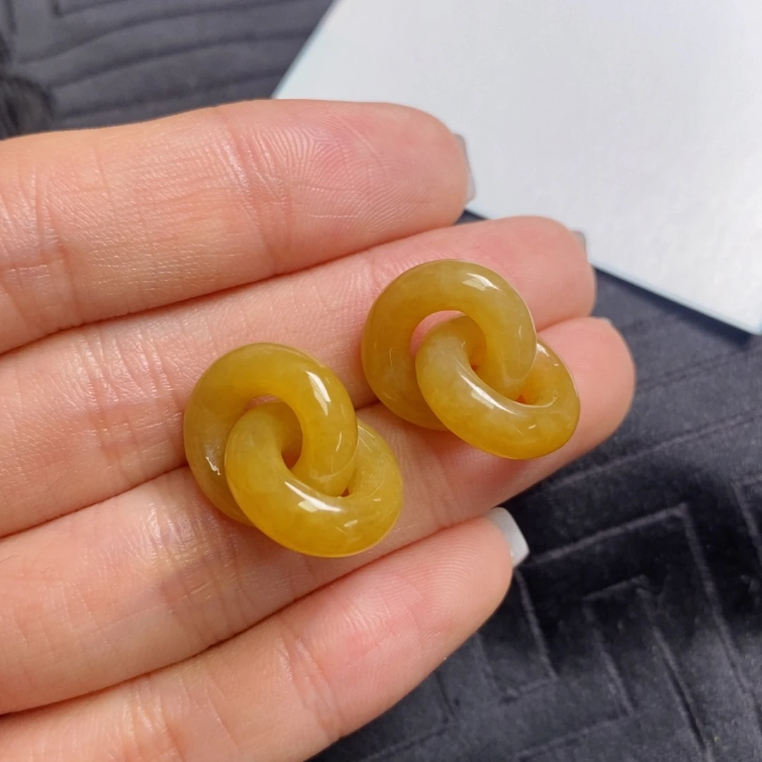 翡翠未镶嵌耳饰满黄翡双环