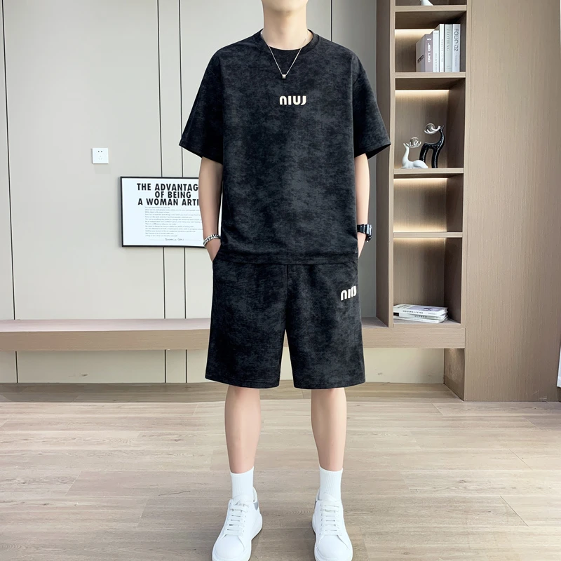 LANDCOE休闲运动套装夏季男士时尚宽松百搭高品质短袖T恤短裤套装