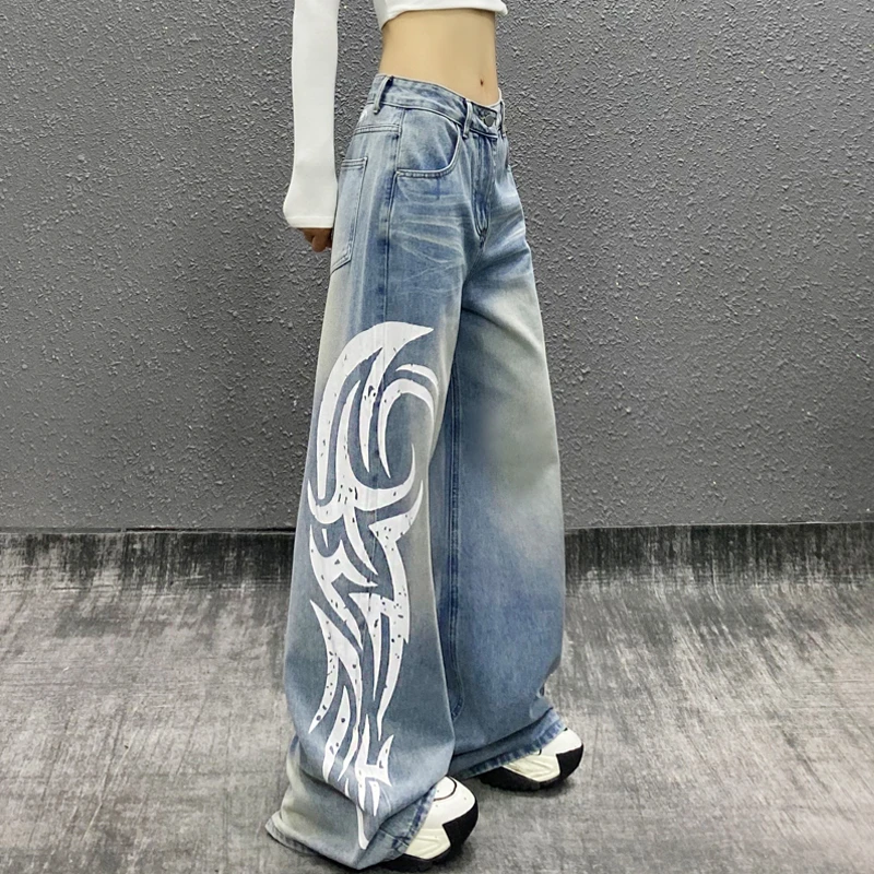 个性印花设计水洗休闲牛仔裤女春新款高腰宽松显瘦百搭直筒阔腿裤