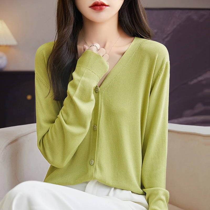 电商供应链女装 夏新款冰丝V领长袖针织开衫宽松上衣