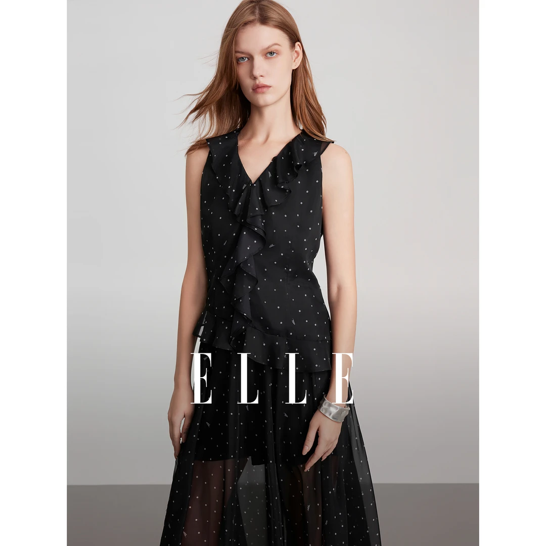 ELLE法式波点独特漂亮小衫女2025夏日穿搭荷叶边无袖上衣EM51806