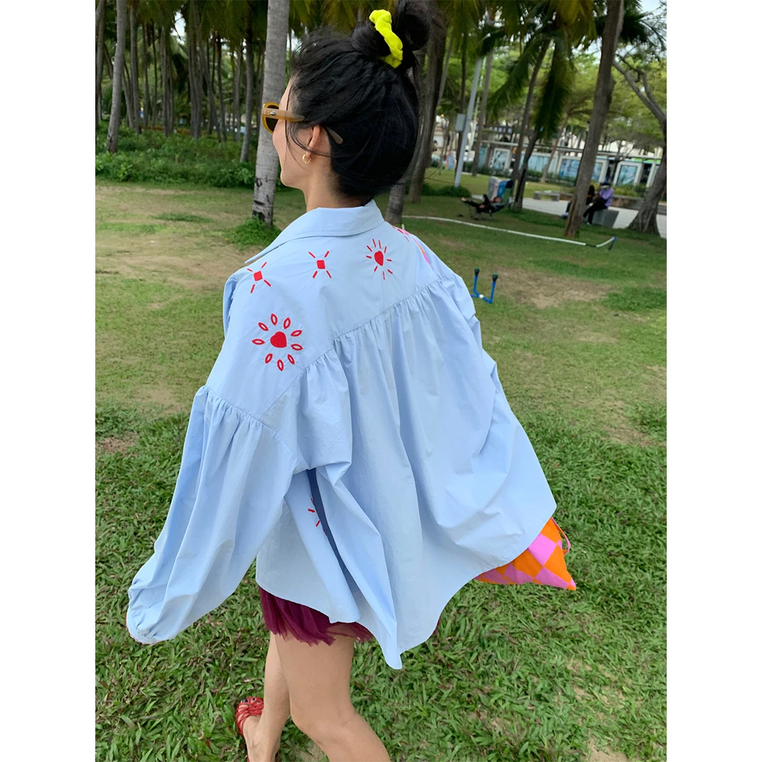 落落狷介 长袖蓝色刺绣衬衫女2025年新款设计感小众宽松纯棉上衣