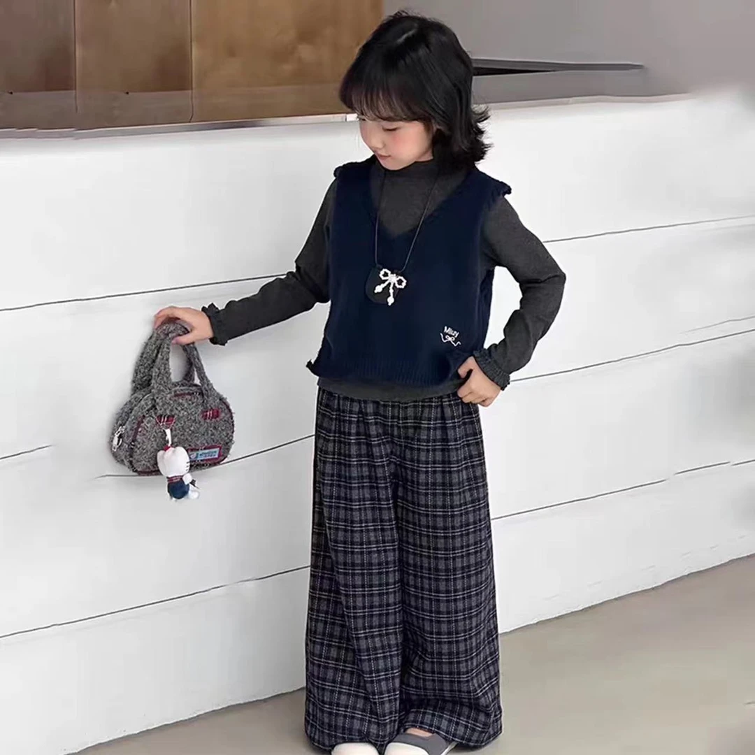 日系复古学院风针织毛线背心马甲女童格子裤三件套套装